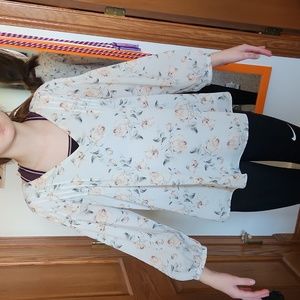 Soft white, peach/blush and gray blouse